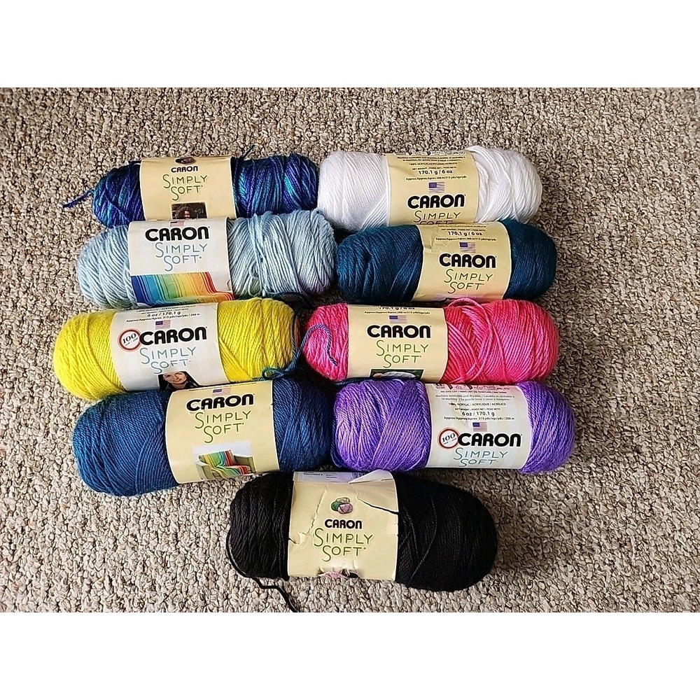 YARN - CARON SIMPLY SOFT ACRYLIC MISC. COLORS - LOT OF 9 SKEINS
